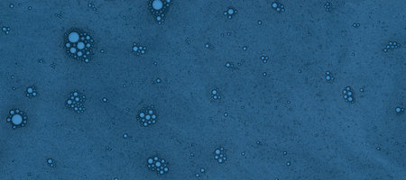 Abstract background, web banner of tiny air bubbles suspended in a thick blue liquid. Flat lay top...