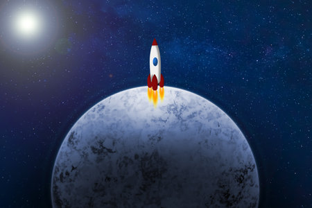 Ice exoplanet with a rocket, background with distant sun, stars and nebulae. Space exploration
