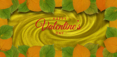 Valentine's day greeting card, frame of leaves, on twirl background of golden fabric. Love theme