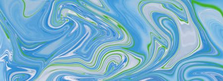 Liquid paint marbling, abstract banner with blue green and white color. Fluid art texture