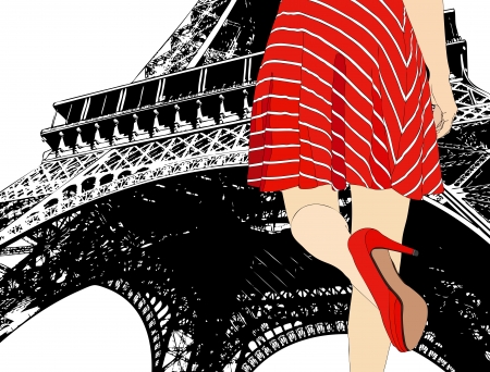 Girl in Paris - A woman under the Eiffel Towerの写真素材