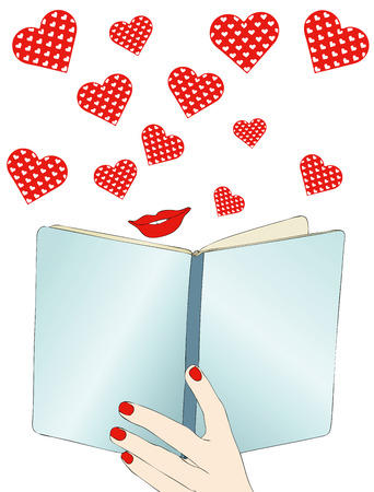 A beautiful love story - Symbolic illustration depicting a woman reading a romance novelのイラスト素材