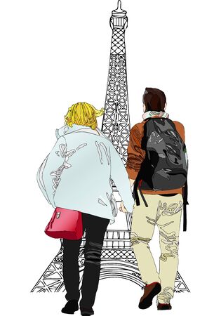 Boyfriends under the Eiffel Tower - Illustration representing an engaged couple strolling under the Eiffel Tower in Parisのイラスト素材