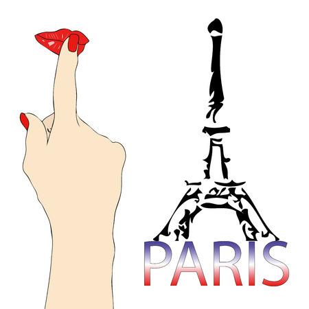 A big kiss from the Eiffel Tower in Paris - Symbolic illustration depicting a greeting from the Eiffel Tower in Parisのイラスト素材