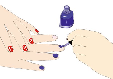 Illustration depicting a woman while tries different nail varnishesの写真素材