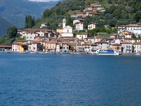 A ferry sailing towards Monteisola on Lake Iseo - Brescia - Lombardy - Italyのeditorial素材