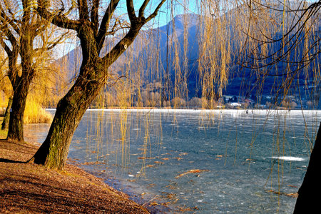 An entire lake completely frozen - Lago di Endine, Bergamo, Lombardy, Italyの写真素材
