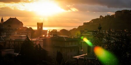 sunrise over touristic town arenzano genoaの写真素材