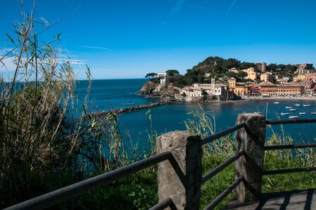 view of 'Bay of Silence' in Genoa Sestri Levante on a blue sky backgroundの写真素材