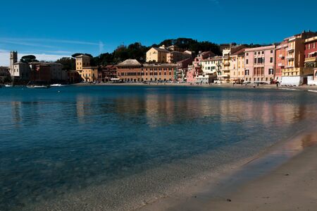 view of 'Bay of Silence' in Genoa Sestri Levante on a blue sky backgroundの写真素材