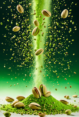 Premium pistachios floating mid-air with a soft burst of green powder, ultra-realistic studio shot, clean background, perfect for gourmet or luxury branding.の素材
