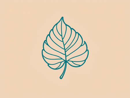 Minimalist line art logo of a monstera leaf in teal and coral on a pastel beige background, elegant continuous lines, modern and commercial vector designの素材