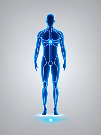 Sleek minimalist vector logo of a human silhouette integrated with luminous electric blue and silver circuits, symmetrical, polished, versatile, and perfect for tech or corporate brandingの素材