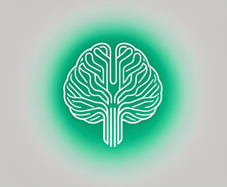 Minimalist AI brain logo with emerald green and silver gradients, geometric neural lines, glowing circuits, perfect symmetry, modern tech branding, scalable, polished, high-quality designの素材
