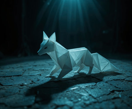 Close-up of a white origami fox on a textured surface, cinematic lighting with dramatic shadows, subtle film grain, retro 1980s sci-fi moodの素材