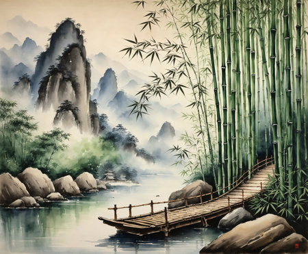 Traditional Chinese ink and color painting of a tranquil bamboo forest with misty mountains, delicate brushstrokes, soft light, and a serene, meditative atmosphereの素材