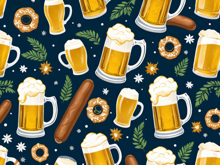 Colorful Oktoberfest poster illustration with beer steins, pretzels, Bavarian patterns, and festive characters, perfect for banners and advertisingの素材