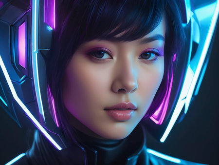 Close-up hyperrealistic portrait of a futuristic East Asian woman with cybernetic enhancements, orbiting glowing cubes, sleek geometric hair, and neon psychedelic backgroundの素材
