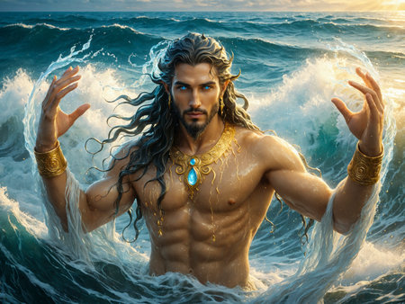 Ultra-realistic portrait of a water god with flowing, translucent skin and golden droplets, emerging from the sea. Peaceful expression and flawless anatomy, surrounded by calm wavesの素材