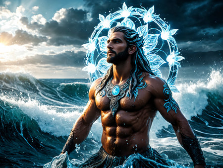 Water God with flowing skin, glowing crystal veins, and a luminous halo, rising from ocean waves in a cinematic 8k HDR fantasy artwork with hyper-detailed texturesの素材