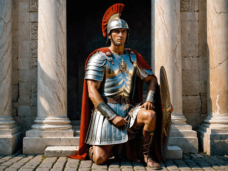 Hyperrealistic Roman soldier with shield resting on the ground, defiant gaze conveying strength, security and power, detailed historical warrior portraitの素材