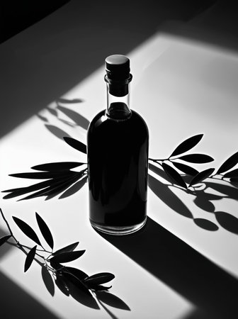 Monochrome olive oil bottle with strong light and leaf shadows, symbol of Mediterranean diet, organic nutrition, premium superfood and modern artistic styleの素材