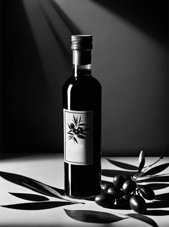Elegant monochrome olive oil bottle with olives and leaves under dramatic lighting, symbol of Mediterranean cuisine, organic superfood and modern fine art styleの素材