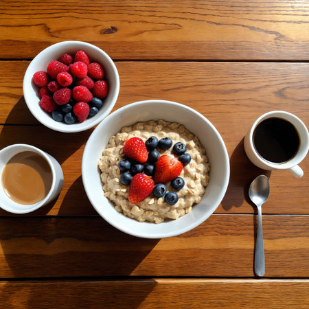 Nutritious breakfast of oatmeal topped with strawberries and blueberries, served with coffee and extra berries on a wooden table in warm morning lightの素材