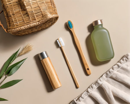 A flat lay of sustainable bathroom items including bamboo toothbrushes, reusable bottle, and natural accessories promoting eco-friendly personal careの素材