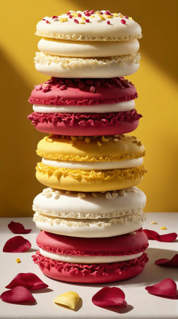 A tall stack of colorful red, yellow, and white macarons with cream filling and petal decorations, surrounded by rose petals on a bright yellow backdropの素材