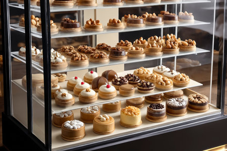 A refined bakery display case showcasing an assortment of mini cakes, tarts, and pastries topped with nuts, chocolate, and cream, arranged neatly on multiple glass shelvesの素材