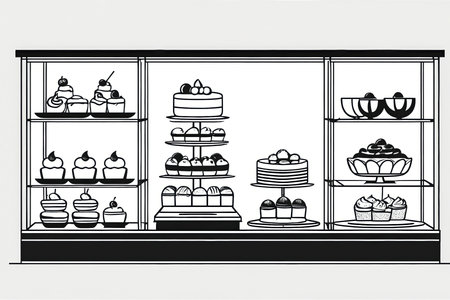 Elegant black and white line art illustration of a bakery display filled with cakes, cupcakes, and desserts, styled in a minimalist and modern designの素材