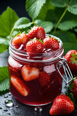 A rustic jar filled with ripe strawberries and homemade jam, surrounded by fresh leaves and fruit, glowing with natural sweetness and vibrant red tonesの素材