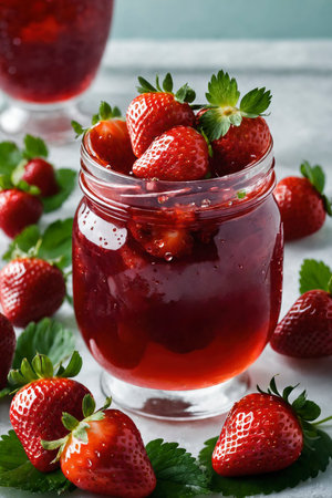 A bright glass jar filled with homemade strawberry jam and fresh whole strawberries, surrounded by ripe berries and leaves on a light surfaceの素材