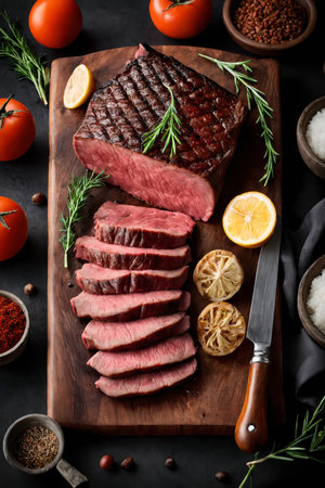 Sliced medium-rare grilled steak on a wooden board, garnished with rosemary, lemon, and fresh tomatoes for a rustic gourmet presentationの素材