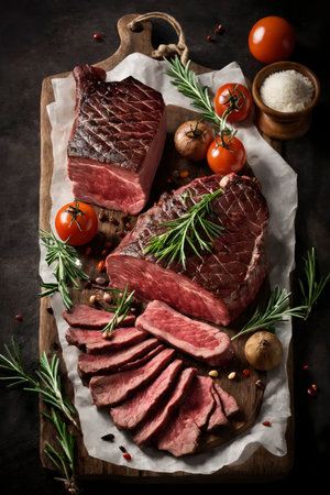 Juicy grilled steak sliced on a rustic wooden board, surrounded by rosemary, tomatoes, and onions for a hearty gourmet presentationの素材