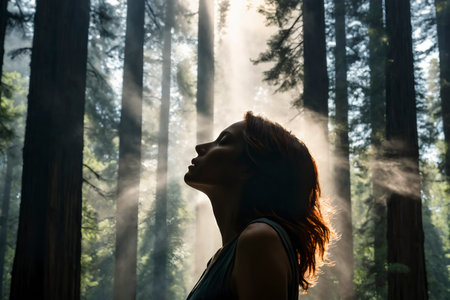 A woman stands peacefully in a forest as golden rays of sunlight filter through the trees, illuminating her silhouette in a moment of quiet reflectionの素材