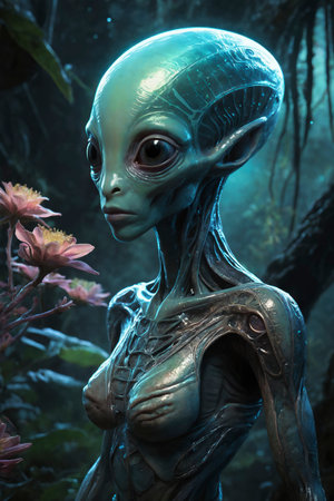 A serene extraterrestrial being with luminous teal skin stands beside delicate pink flowers, blending technology and nature in a tranquil alien worldの素材