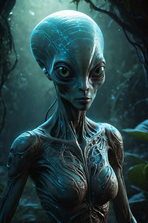 A mysterious extraterrestrial being with smooth blue skin and radiant green eyes stands in a misty bioluminescent forest, exuding calm wisdom and powerの素材