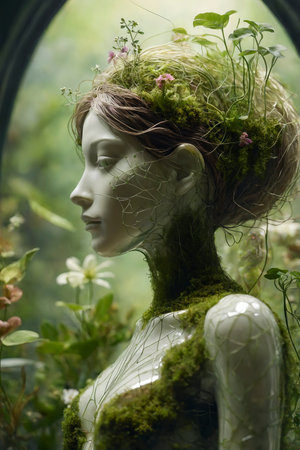 A serene glass figure adorned with moss and sprouting plants embodies nature's spirit, merging human grace with the living beauty of the forestの素材