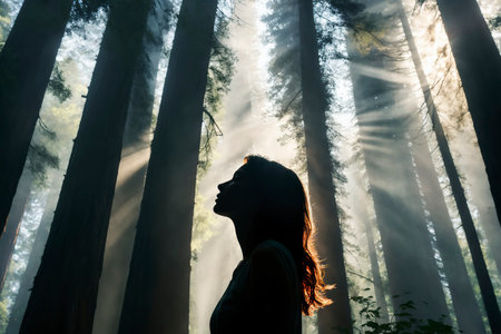 A serene woman stands among towering trees as sunlight filters through the forest canopy, creating beams of light and a sense of peace and connection with natureの素材