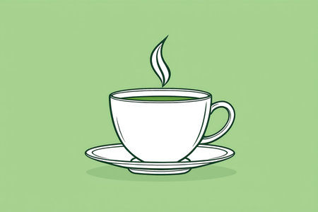 Simple vector illustration of a coffee cup with saucer and steam on light green background perfect for cafe logo menu design and branding projectsの素材