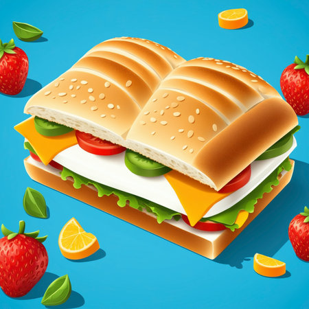 Colorful vector illustration of a fresh sandwich with cheese tomato and lettuce surrounded by strawberries and citrus fruits on blue backgroundの素材
