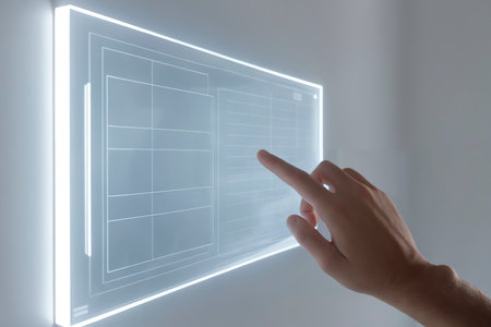 Close up of hand interacting with illuminated transparent touchscreen futuristic digital interface and innovation technology conceptの素材