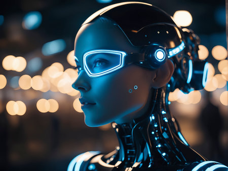 Profile of futuristic female android with illuminated circuits and blue neon lights symbolizing artificial intelligence and advanced roboticsの素材