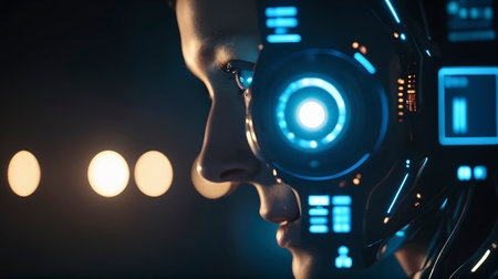 Detailed view of futuristic female cyborg face with illuminated circuits and blue cyber eye representing artificial intelligence and innovation technologyの素材