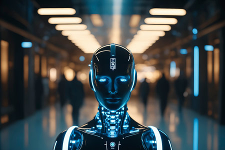 Front view of futuristic android with illuminated circuits and digital armor representing artificial intelligence, robotics and future technologyの素材