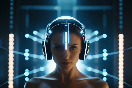 Front view of futuristic female cyborg with illuminated circuits and neural headset representing artificial intelligence, innovation and high technologyの素材