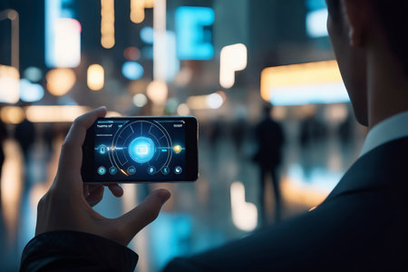 Man holding smartphone with holographic interface and neon city background symbolizing future technology, data analysis and digital connectivityの素材