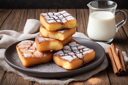 Delicious Spanish fried pastries topped with powdered sugar served with milk and cinnamon on rustic wooden tableの素材